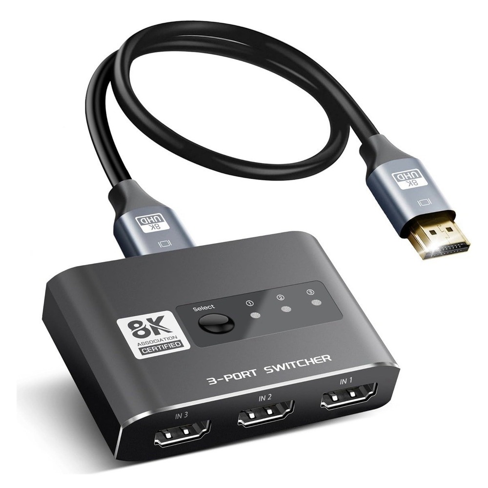 8K HDMI Switch‎ 3-in-1 Out with Remote – Auto Switcher for PS5/TV/Fire Stick